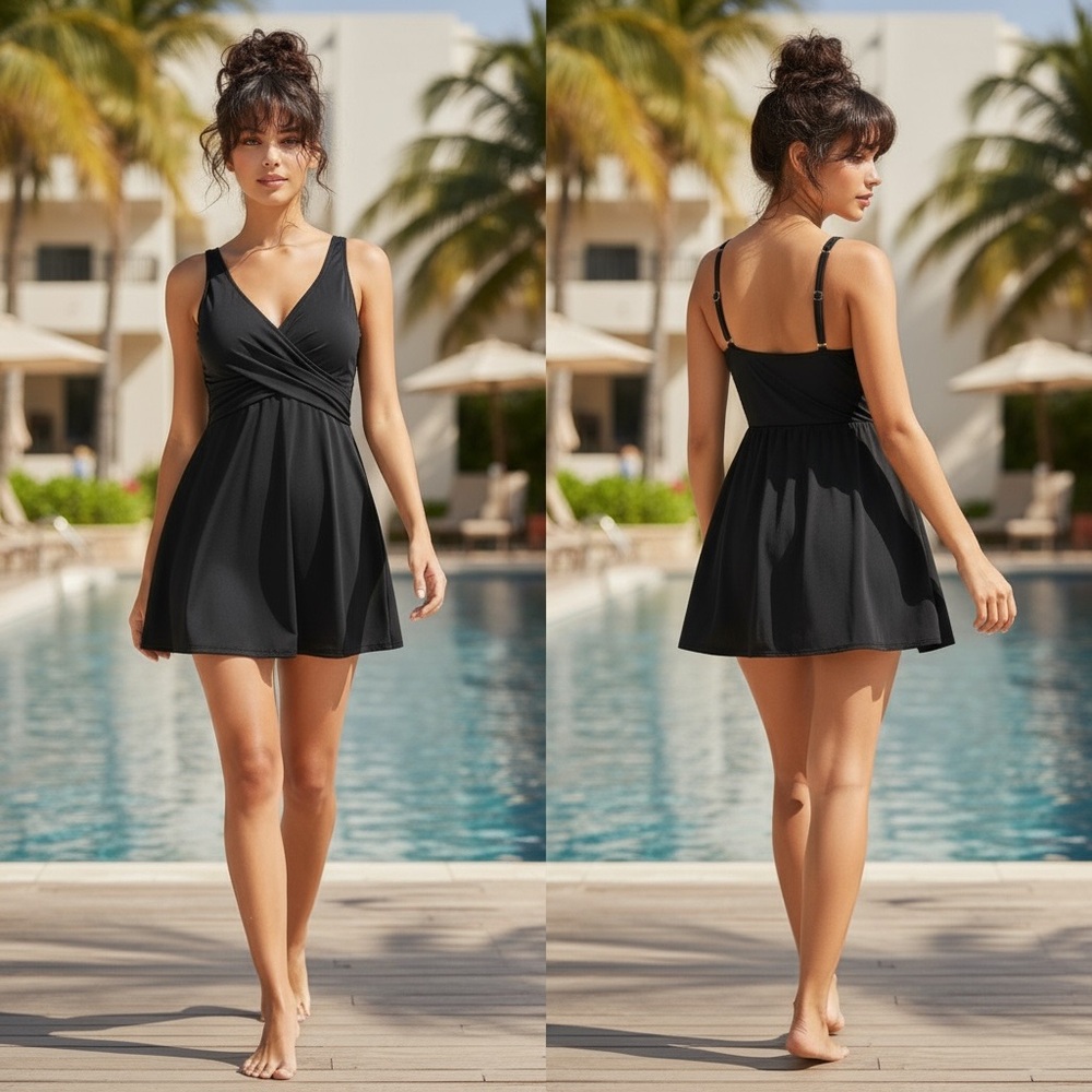 Lands end slendersuit v neck wrap swim dress one piece swimsuit 24w